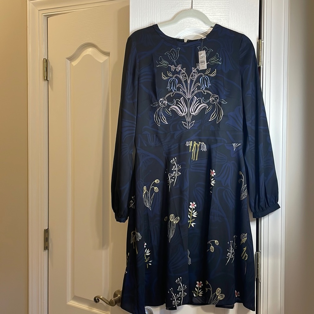 LOFT Navy and Black Floral Long Sleeve Dress